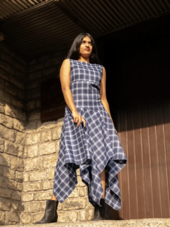 Handkerchief Hem  Sleeveless Dress - Blue Checkered