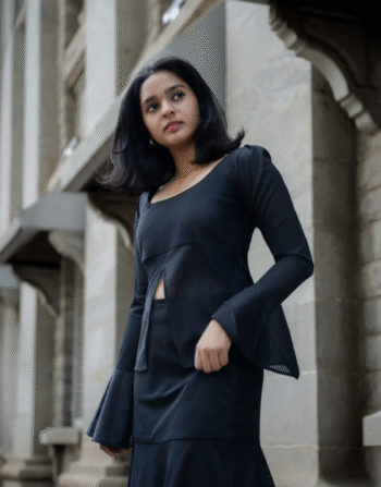 Black Flared Sleeve Top & Sheer Hem Skirt Set